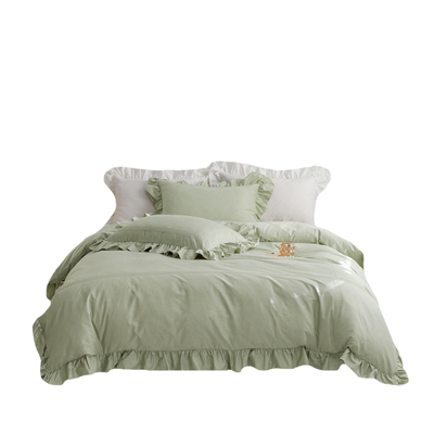 抹茶绿荷叶边四件套全棉北欧简约