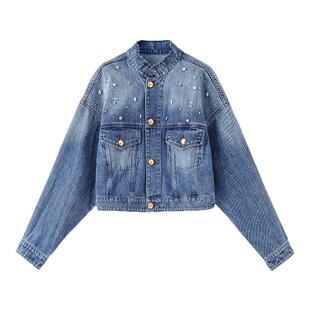2025春装新款时尚高级复古设计感重工钉钻长袖牛仔外套女百搭上衣