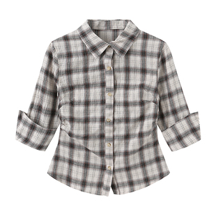 SHALL NOT UNTRUE 复古格子短袖衬衫女短款裁剪修身显瘦收腰上衣