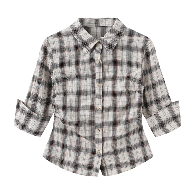 SHALL NOT UNTRUE 复古格子短袖衬衫女短款裁剪修身显瘦收腰上衣