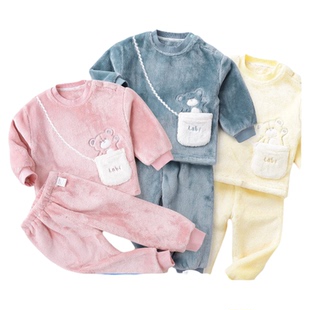 拉比儿童睡衣秋冬新款男女童加厚保暖法兰绒套装可外穿宝宝家居服