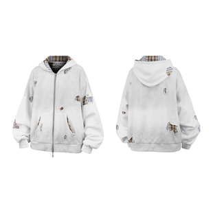 RELABEL（白昼褪织）梦幻条纹拼格双层手缝破刺线重脏洗拉链卫衣