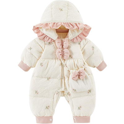 冬季绣花公主花边连帽羽绒服哈衣