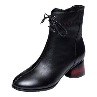 真皮马丁靴女棉鞋牛皮短靴单靴保暖秋冬季中跟女鞋加绒加厚靴子