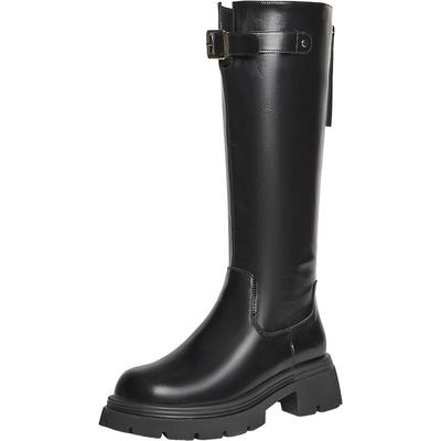 百思图冬季新款简约户外街头骑士靴粗跟高筒靴女长靴W2811DG4