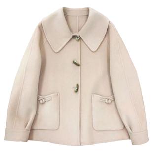 双面绒大衣女短款小香风202新春款牛角扣宽松时尚双面呢子外套女