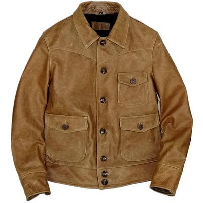 桑尼亲选福利 烟草牛皮复古三兜咔叽风格真皮皮衣男