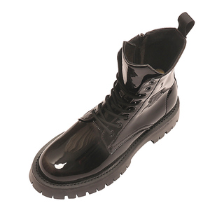 中帮马丁靴亮皮高帮靴子冬季加绒保暖棉鞋增高厚底短靴百搭机车靴