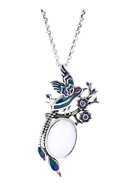 中国风文艺电镀泰银复古珐琅滴釉喜鹊喜上枝头镶仿和田玉挂坠项链