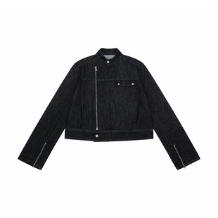 sameuoo散养文化「黑垣」重磅水洗黑色牛仔外套 侧门襟立领短夹克