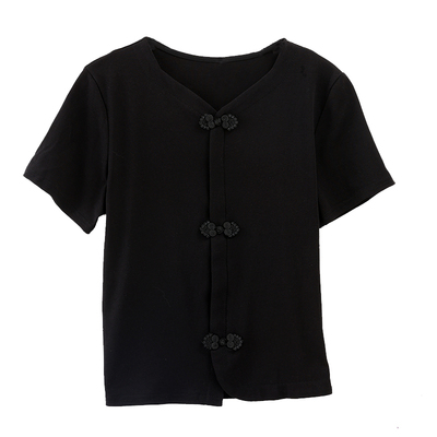 新中式国风打底衫夏季2026新款V领修身显瘦短袖t恤半袖短款女上衣