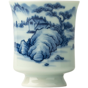 三勤堂手绘山水青花主人杯柴窑景德镇陶瓷功夫茶杯高档握手杯单杯