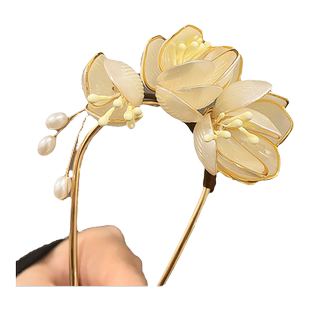 荷花u型发簪女金属发夹盘发神器高级感古风新中式芍药花插梳发梳