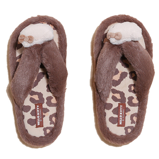 Farfary番薯泥毛绒KT猫豹纹人字拖鞋女冬季静音厚底保暖居家棉鞋