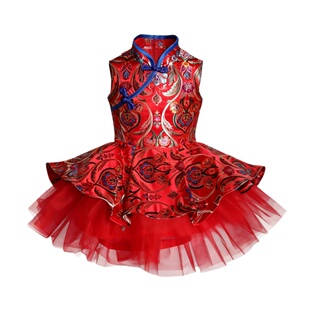 欣入荷中国风红色刺绣连衣裙女童无袖网纱蓬蓬裙华丽表演歌唱礼服