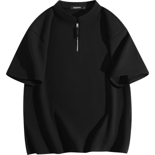gxgjeans男装 黑色半拉链宽松华夫格休闲立领短袖t恤男26夏新品