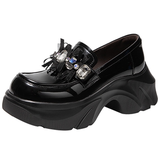 MIO米奥女鞋甜酷乐福鞋2026春季新款水钻蝴蝶结厚底增高小黑皮鞋