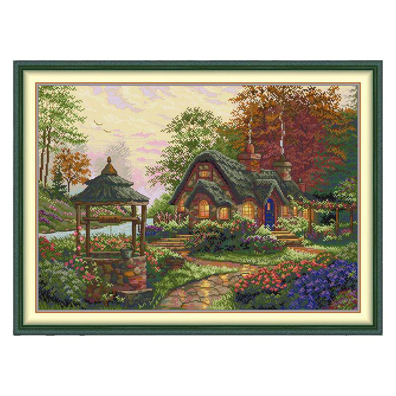 欧式花园小屋庭院十字绣油画风景
