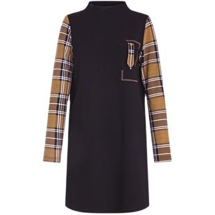 邑品高领针织连衣裙女2026春秋季新款时尚休闲格子拼接宽松直筒裙