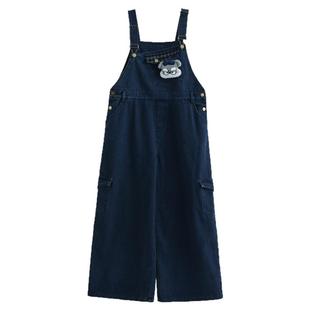 森女部落可爱小个子蓝色背带牛仔裤女2026新款宽松阔腿休闲裤子秋