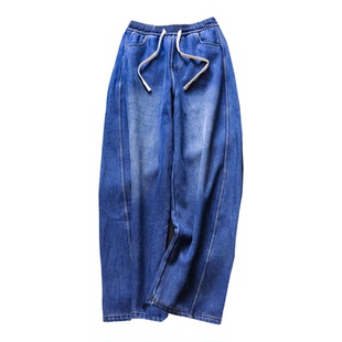 加绒加厚！纯色立体剪裁抽绳松紧腰宽松阔腿裤弯刀裤女牛仔裤M364