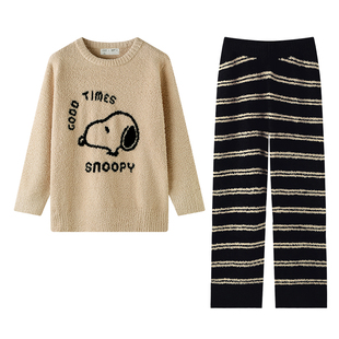 贝妍秋冬季珊瑚绒情侣睡衣女史努比保暖家居服宽松男士半边绒套装