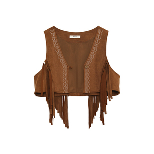 麦叙原创《塞西尔》复古流浪民族风棕色刺绣麂皮绒流苏马甲女短款