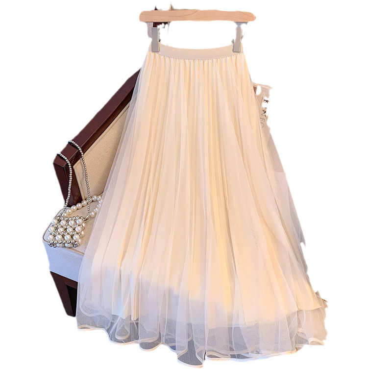 网纱半身裙女春秋季2024年新款双面穿遮胯百褶a字黑色沙裙长裙子