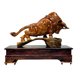 运势如意牛摆件招财根雕底座香樟木雕刻牛气冲天别墅公司开业礼物