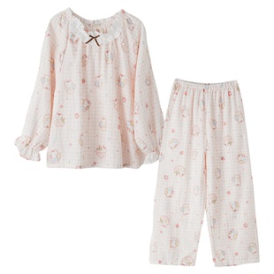 【猫咪抱草莓】女童全棉纱布睡衣儿童家居服套装女孩秋季长袖长裤