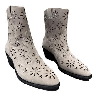 2026春季新款欧洲站欧货复古镂空铆钉短筒骑士靴真皮高跟套筒女靴