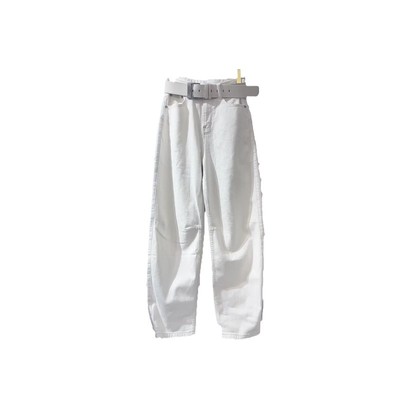 大码女装高腰白色弯刀牛仔阔腿裤