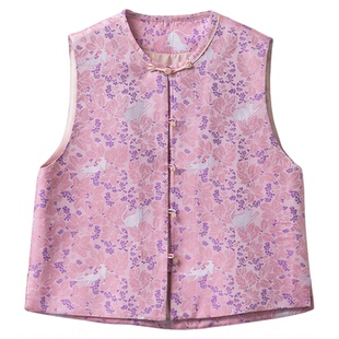 一丝牵猫咪图案100%桑蚕丝真丝宋锦国风马甲女新中式宽松上衣早春