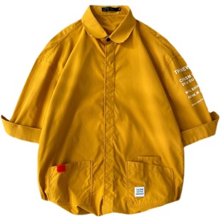 衬衫男韩版潮流潮牌短袖夏季宽松七分袖上衣服男士衬衣工装外套男