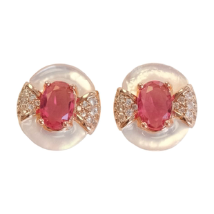 《玫瑰珍宝》复古轻奢优雅中古风粉色白贝母圆形耳夹耳饰耳钉耳环