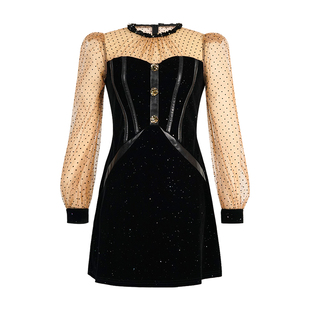 时尚轻奢名媛风波点长袖连衣裙女宴会穿搭小个子拼接鱼骨显瘦裙子