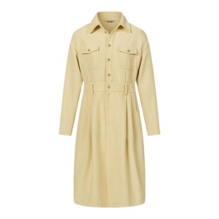 HeyDress香风连衣裙女春秋法式翻领复古黄色衬衫裙收腰裙