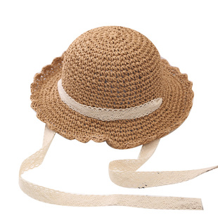 亲子帽儿童绑带草帽夏天清新遮阳防晒帽子海滩边帽女童折叠大檐帽