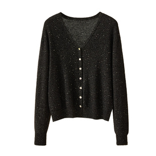 春竹26春秋新款100%羊毛外套女毛衣开衫V领金丝洋气减龄休闲保暖