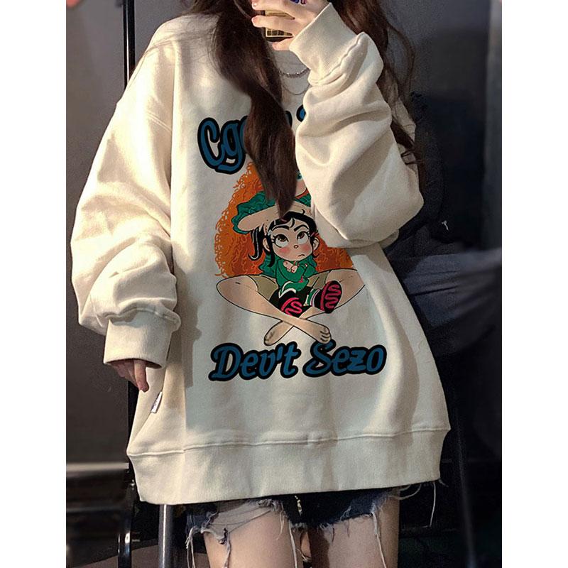 白色加绒加厚卫衣女春秋冬2025新款宽松中长款遮屁股圆领无帽外套