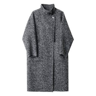 INNER ROOM时髦经典斜纹粗花呢羊毛大衣女冬立领廓形保暖毛呢外套