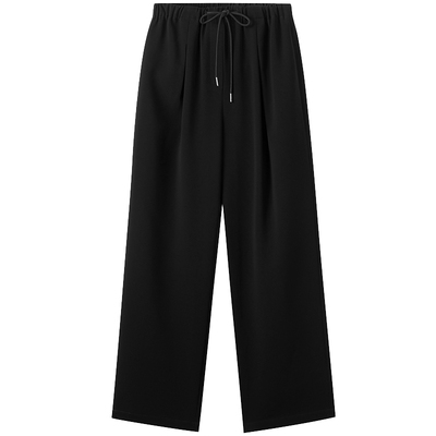 LANCY/朗姿2025年秋新款气质高腰抽绳直筒阔腿裤女黑色百搭休闲裤