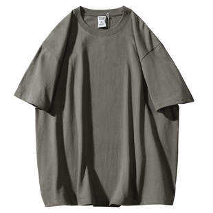 灰褐色280G重磅t恤男纯棉圆领宽松打底衫半袖夏季纯色美式短袖Tee