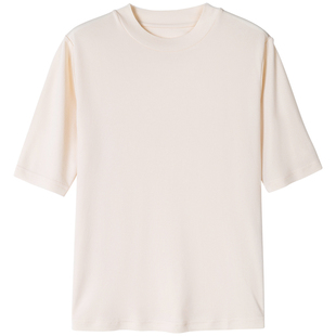 旺秋新品桑蚕丝加捻针织真丝上衣五分袖女士圆领T恤亲肤纯色百搭