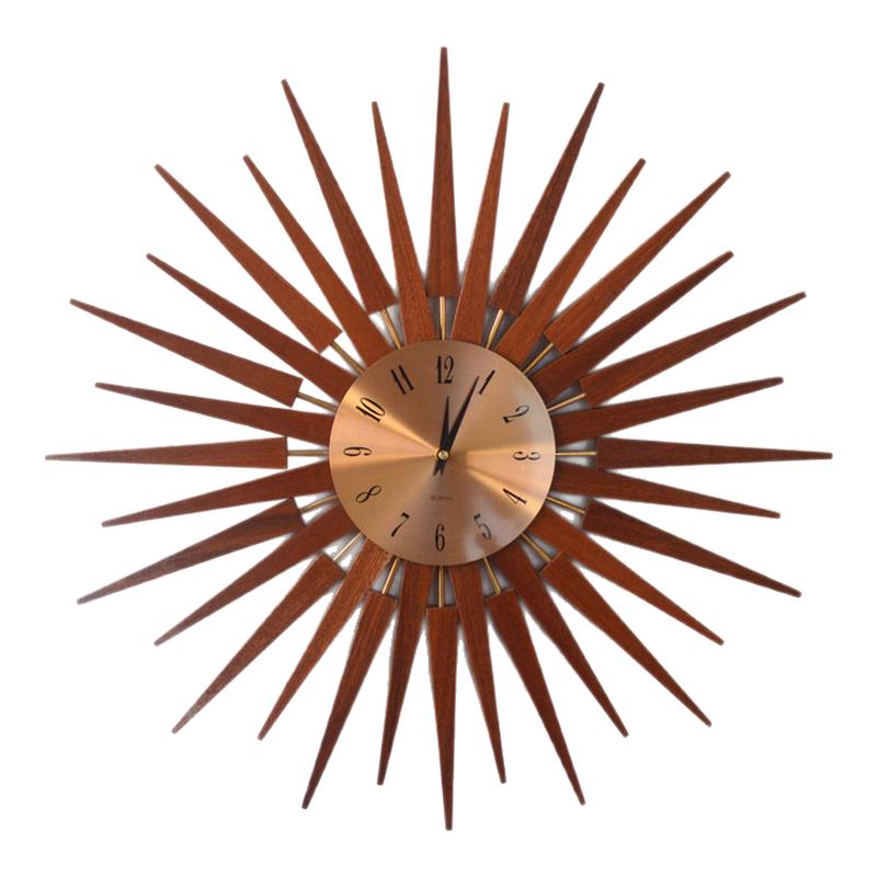 旭日钟实木简约样板房客厅挂钟 Wooden Sunburst Clock时尚墙饰钟