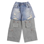 IDS童装拼接阔腿裤男孩复古工装长裤潮流街头风假两件破洞牛仔裤