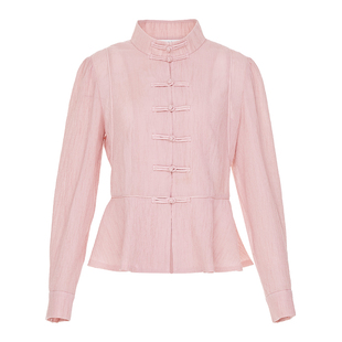 花木深新中式纯棉衬衫改良明制竖领对襟衫长袖上衣女新款盘扣衬衣