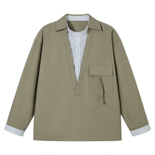 PSO Brand男装女装假两件V领莱赛尔撞色条纹衬衫外套男款长袖衬衣