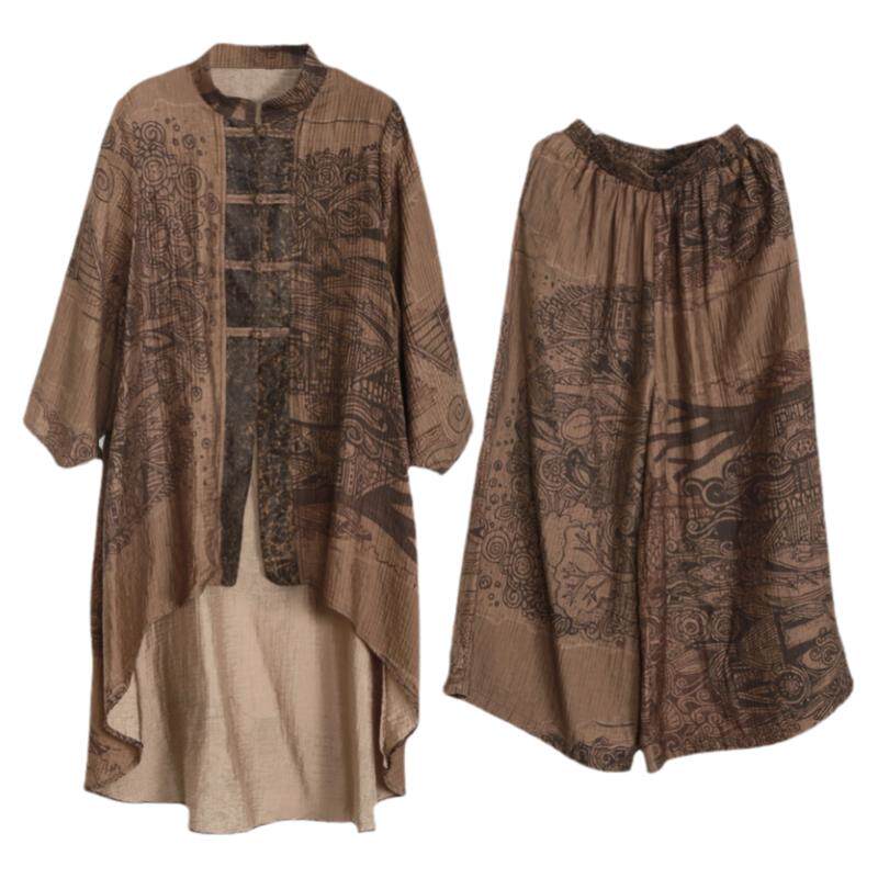 兮风 立领民族风套装女2025春秋款宽松不规则复古气质衬衣+阔腿裤