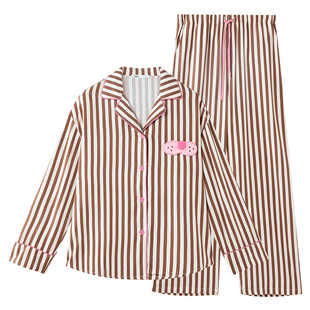yso【酷猫系列】睡衣女春秋条纹衬衫长袖长裤休闲简约家居服套装C